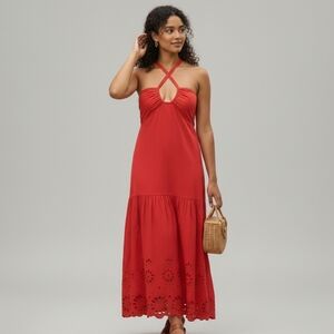 Jason Wu Red Embroidered Tent Scallop Cotton Halter Sundress